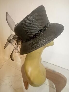 Black Women's Straw Dress Hat with Sheer Bow and Sequin Trim